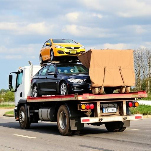 A car being delivered on a flatbed truck