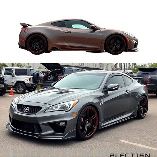 A customized car with aftermarket wheels and body kit