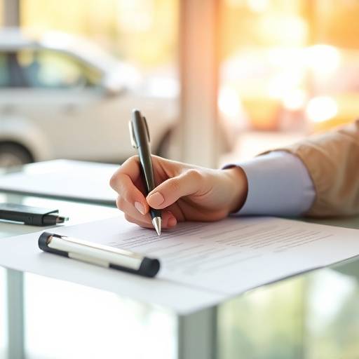 A person signing a car financing contract at a desk