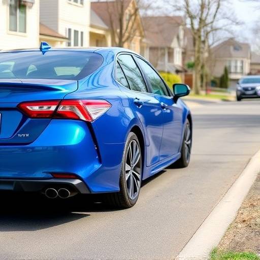 Blue 2022 Toyota Camry parked in a residential neighborhood.