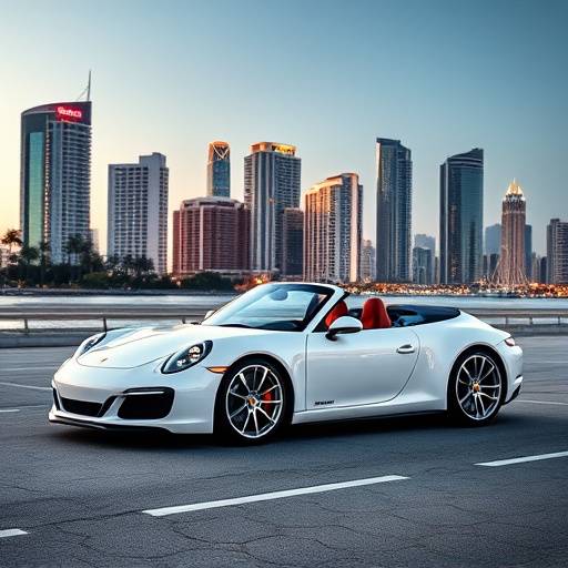 Elegant white Porsche 911 Carrera parked with the Miami skyline in the background, showcasing its sporty design