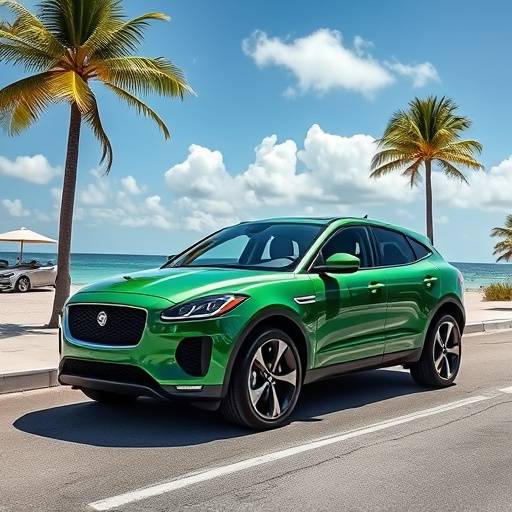 Green 2022 Jaguar F-Pace parked near a Miami beach.