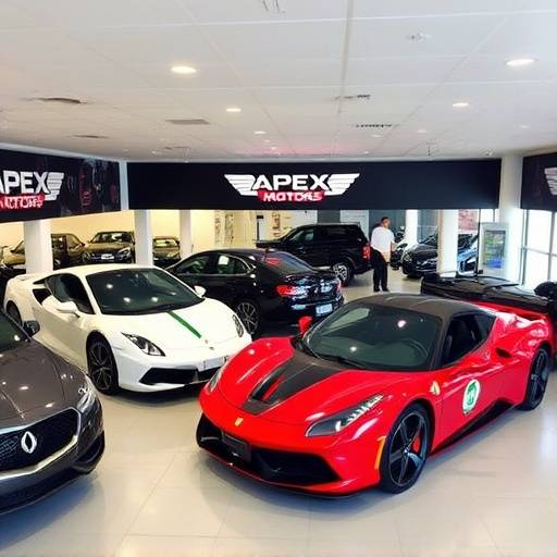 Interior view of Apex Motors dealership, showing a modern showroom with vehicles on display and customer service representatives assisting clients