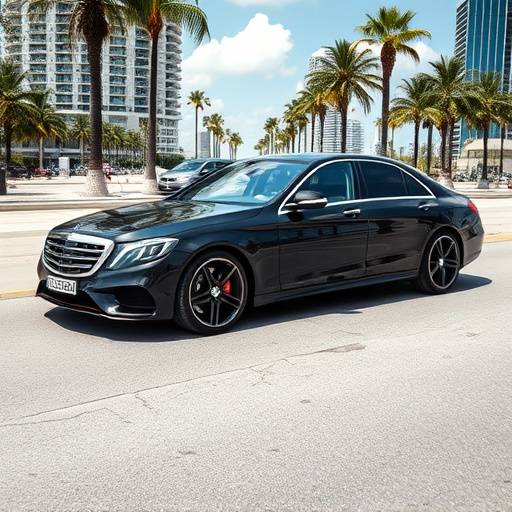 Luxurious black Mercedes-Benz S-Class driving along Ocean Drive in Miami, palm trees lining the street
