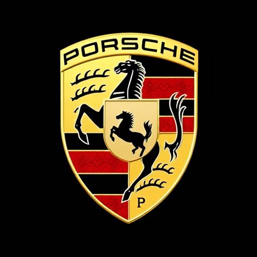 Porsche logo, a crest with a rearing horse and the word 'Porsche'