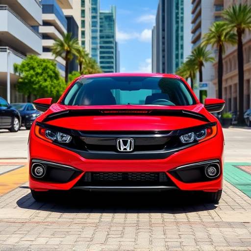 Red 2021 Honda Civic parked in a downtown Miami parking spot.