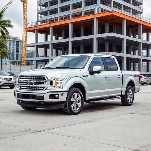 Silver 2023 Ford F-150 parked at a construction site in Miami.