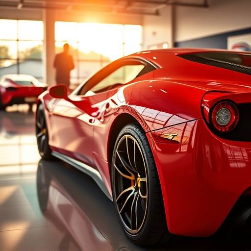 Sleek red Ferrari parked in front of the Apex Motors showroom, bathed in sunlight