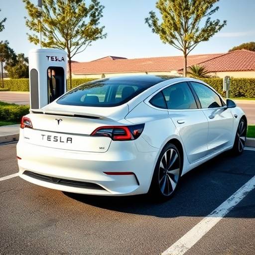 White 2024 Tesla Model 3 charging at a supercharger station.